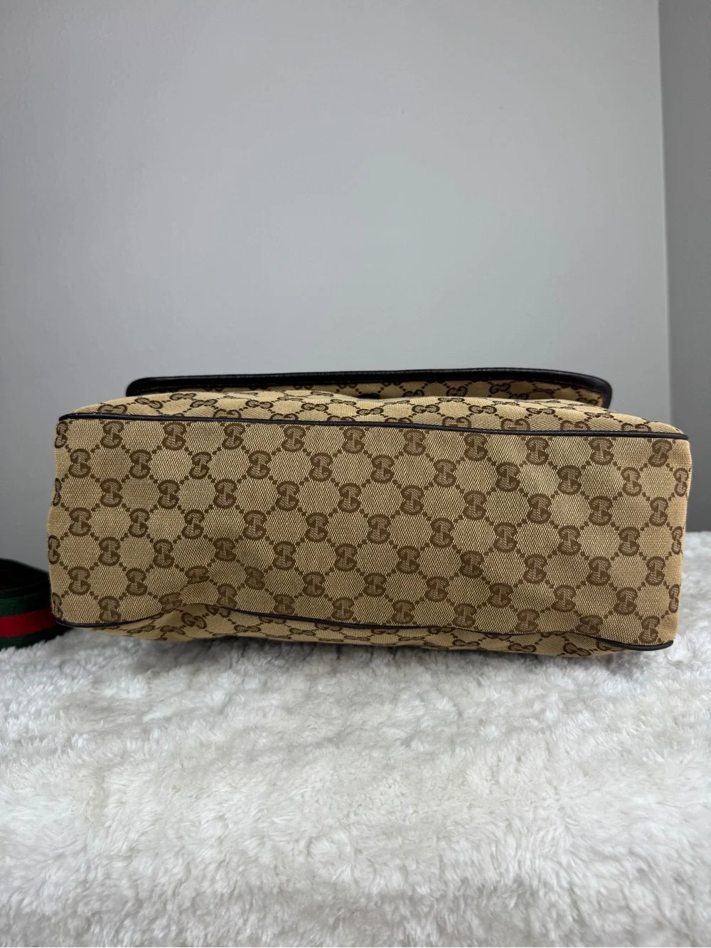 Gucci Beige GG Canvas Messenger Bag with Green-Red Web Strap
